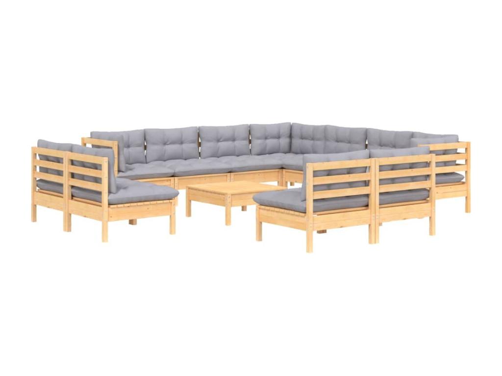 Ensemble de patio extérieur (12 pièces) - Gris, bois de pin, avec coussins