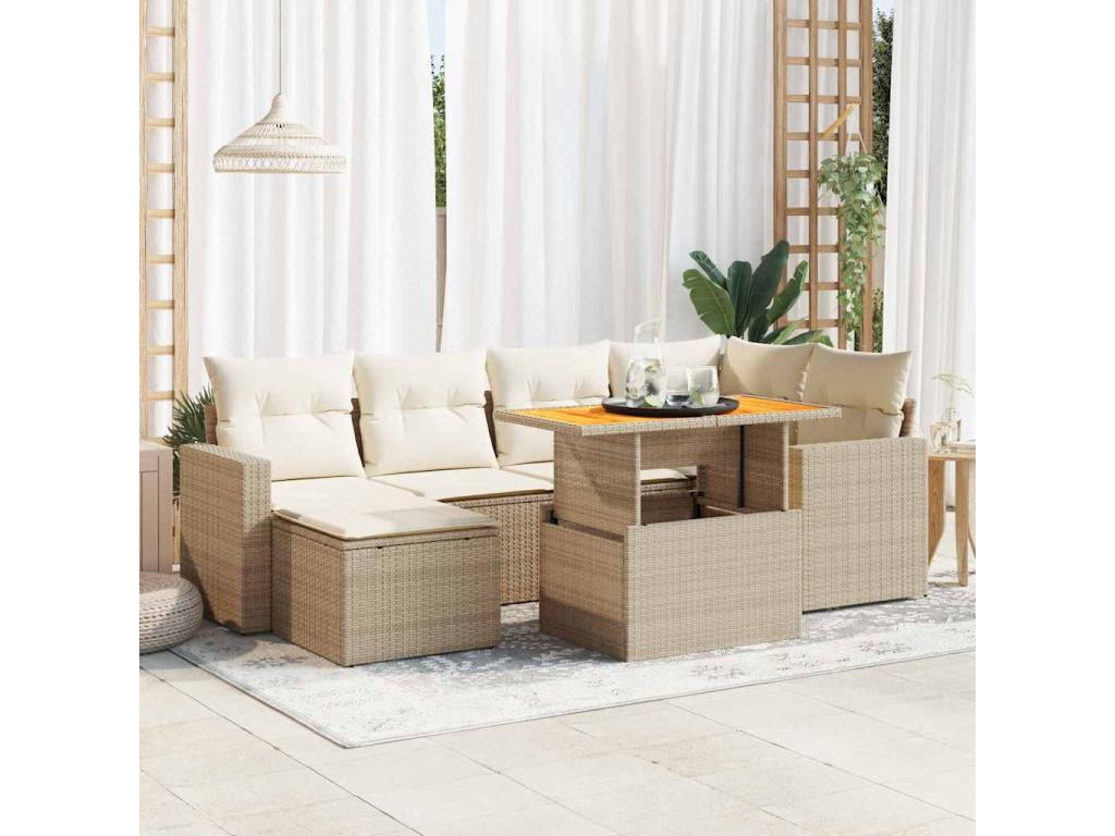 Ensemble de patio extérieur (7 pièces) - Beige, résine tissée, avec coussins