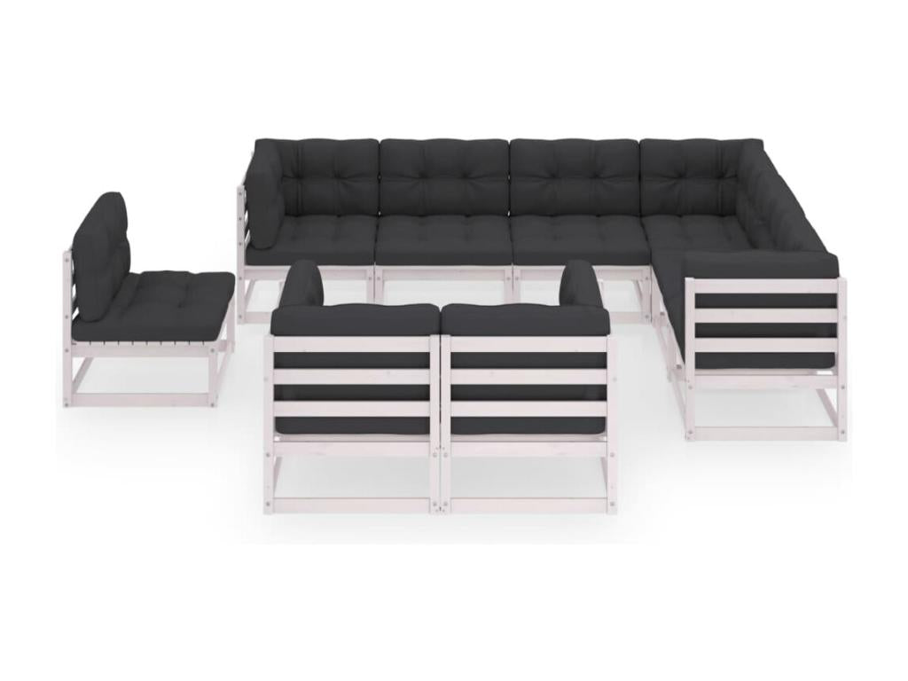 Ensemble de patio extérieur (9 pièces) - Blanc, bois de pin, avec coussins