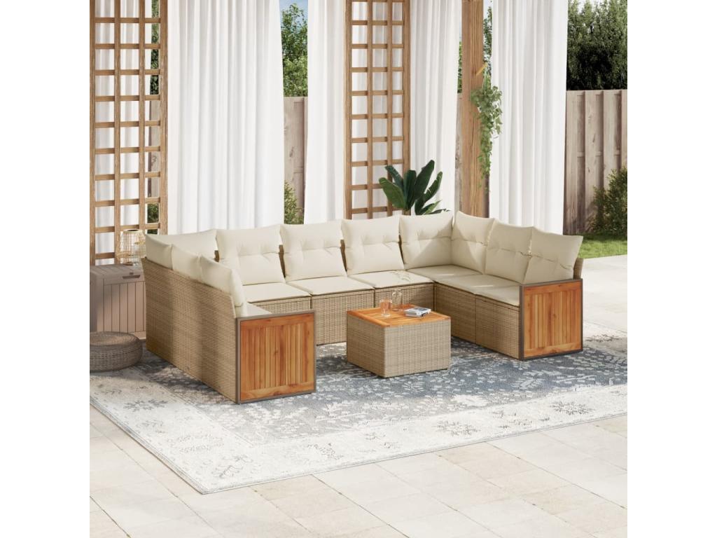 Ensemble de patio extérieur (10 pièces) - Beige, résine tissée, avec coussins
