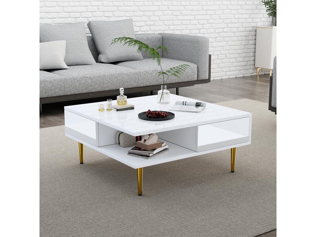 Table basse blanche avec tiroirs, 70 x 70 x 36 cm