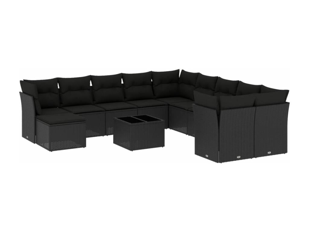 Ensemble de patio extérieur (12 pièces) - Noir, résine tissée, avec coussins